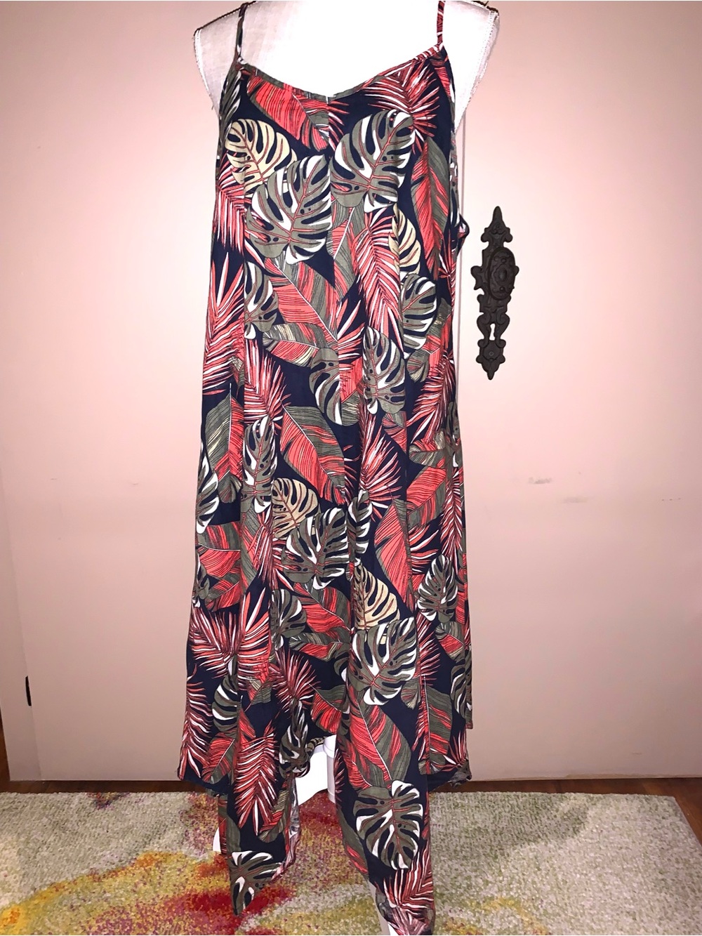 Tropical Leaf Print Slip Dress in Navy and Coral